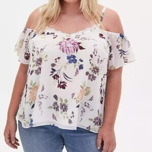 Torrid Womens 2X Top White Floral Crinkled Chiffon Cold Shoulder Plus Size